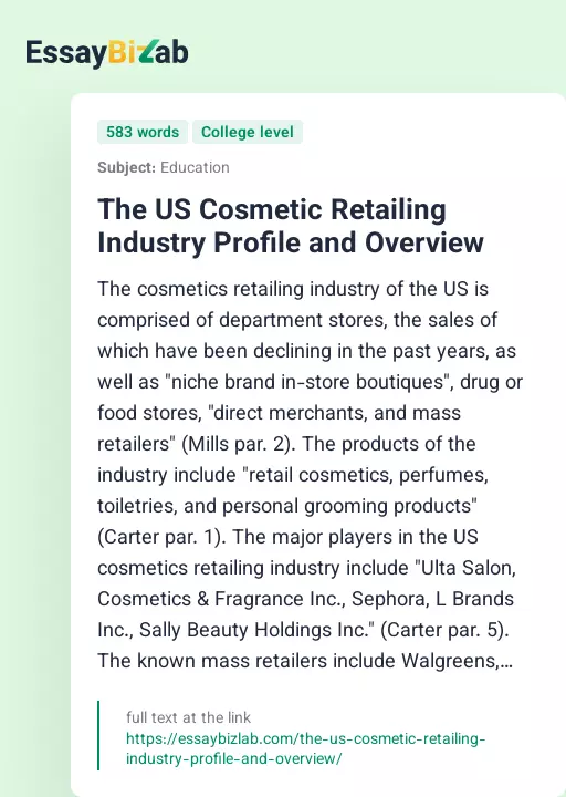 The US Cosmetic Retailing Industry Profile and Overview - Essay Preview