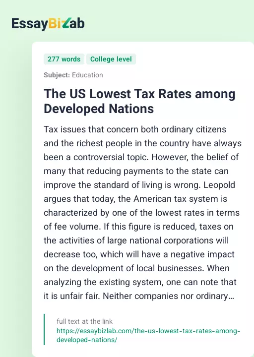 The US Lowest Tax Rates among Developed Nations - Essay Preview