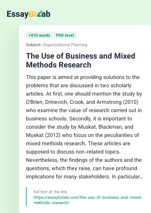 The Use of Business and Mixed Methods Research - Essay Preview