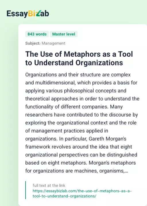 The Use of Metaphors as a Tool to Understand Organizations - Essay Preview