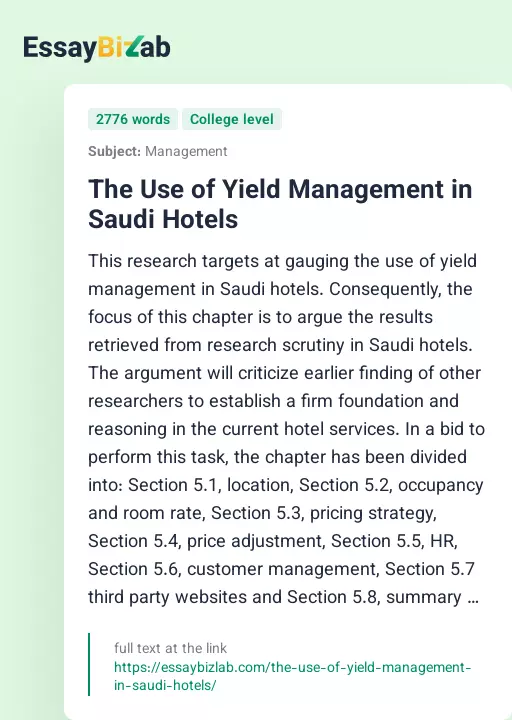 The Use of Yield Management in Saudi Hotels - Essay Preview