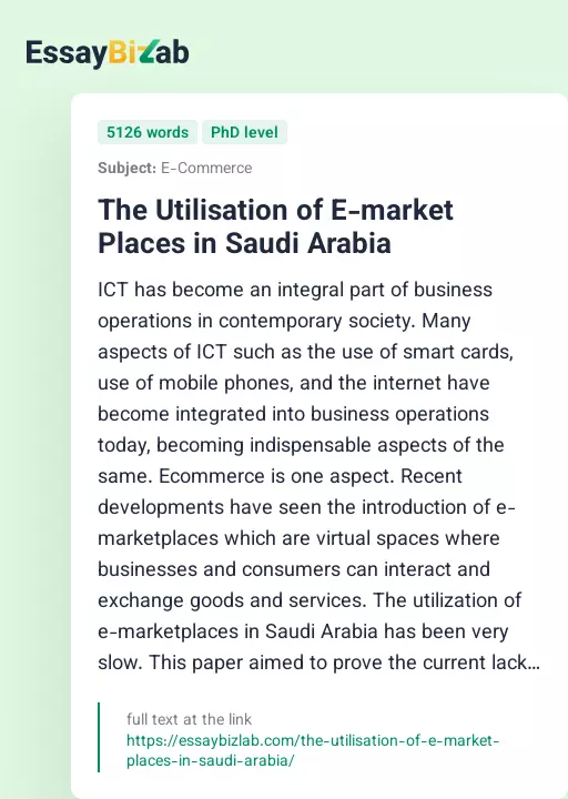 The Utilisation of E-market Places in Saudi Arabia - Essay Preview