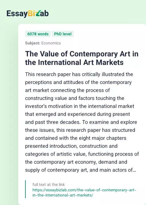 The Value of Contemporary Art in the International Art Markets - Essay Preview