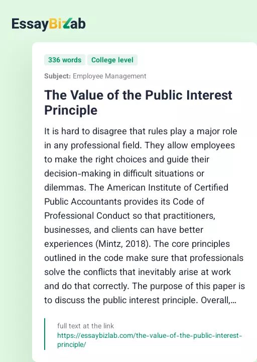 The Value of the Public Interest Principle - Essay Preview