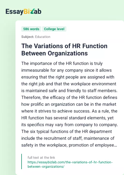 The Variations of HR Function Between Organizations - Essay Preview
