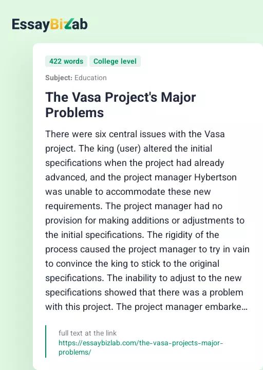 The Vasa Project's Major Problems - Essay Preview