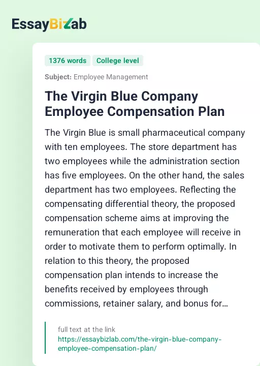 The Virgin Blue Company Employee Compensation Plan - Essay Preview