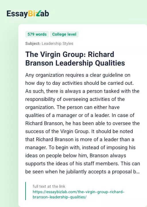 The Virgin Group: Richard Branson Leadership Qualities - Essay Preview