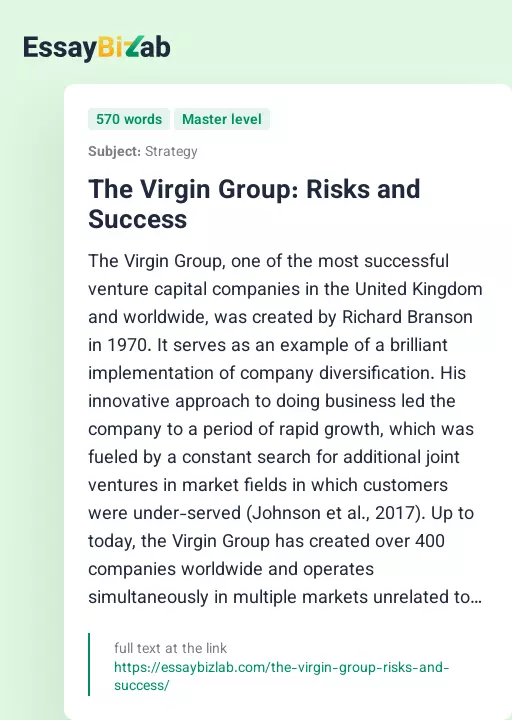 The Virgin Group: Risks and Success - Essay Preview
