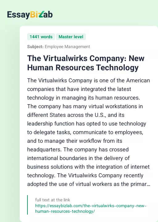 The Virtualwirks Company: New Human Resources Technology - Essay Preview