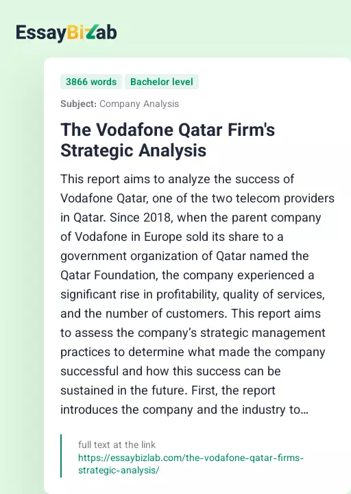 The Vodafone Qatar Firm's Strategic Analysis - Essay Preview
