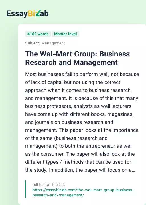 The Wal-Mart Group: Business Research and Management - Essay Preview