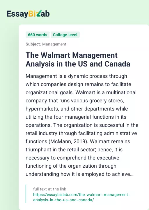 The Walmart Management Analysis in the US and Canada - Essay Preview