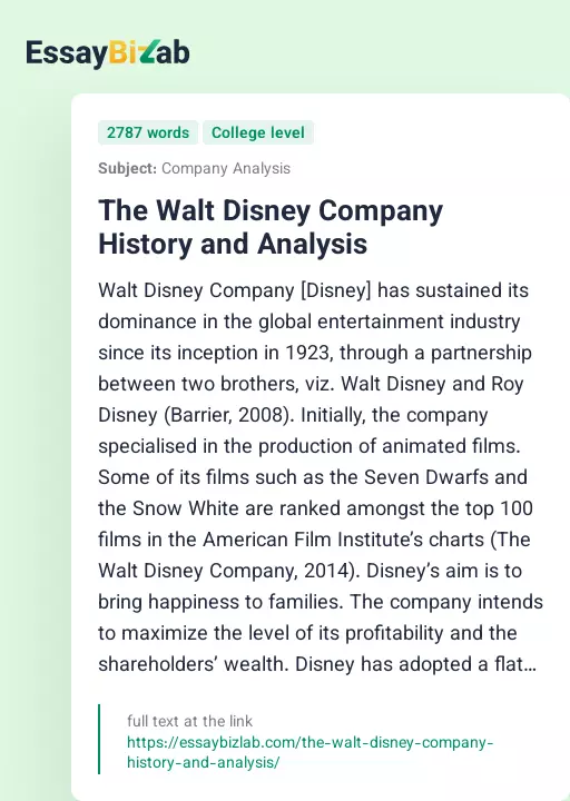 The Walt Disney Company History and Analysis - Essay Preview