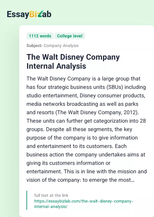 The Walt Disney Company Internal Analysis - Essay Preview
