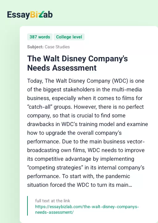 The Walt Disney Company's Needs Assessment - Essay Preview