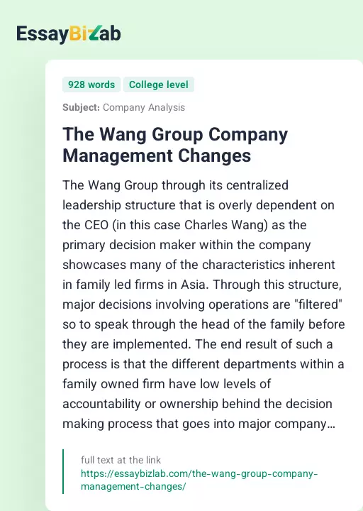 The Wang Group Company Management Changes - Essay Preview