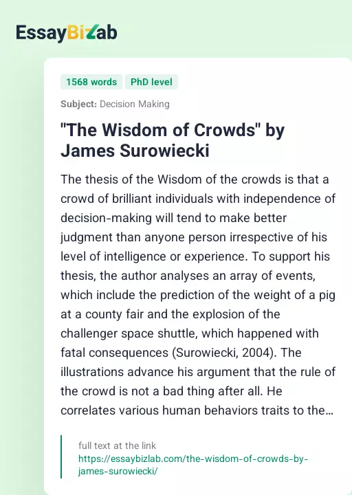 "The Wisdom of Crowds" by James Surowiecki - Essay Preview