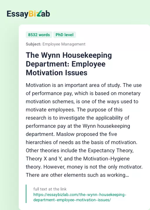 The Wynn Housekeeping Department: Employee Motivation Issues - Essay Preview