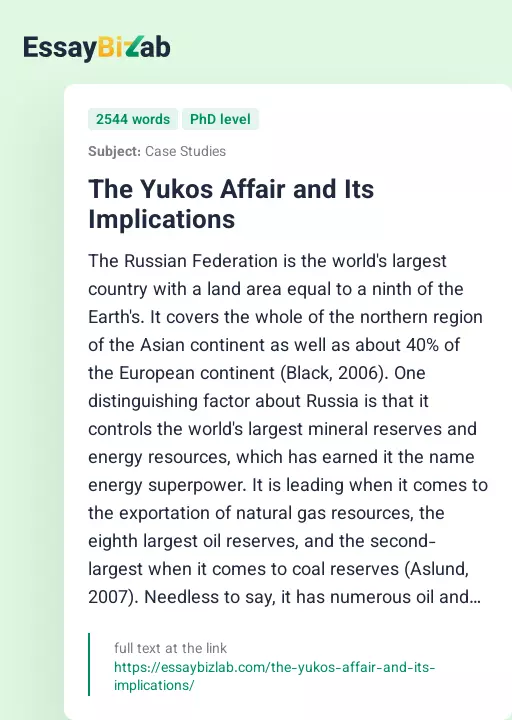 The Yukos Affair and Its Implications - Essay Preview