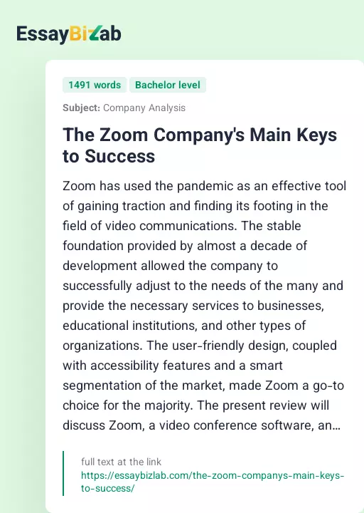 The Zoom Company's Main Keys to Success - Essay Preview