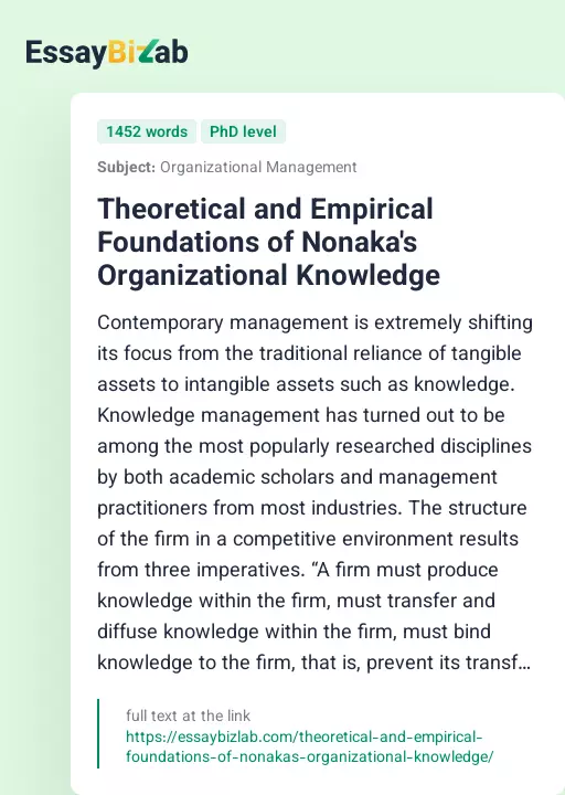Theoretical and Empirical Foundations of Nonaka's Organizational Knowledge - Essay Preview
