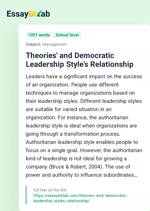 Theories' and Democratic Leadership Style's Relationship - Essay Preview