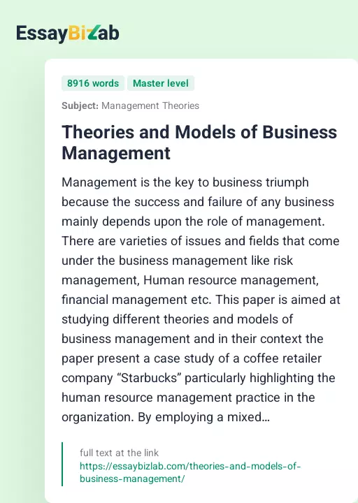 Theories and Models of Business Management - Essay Preview