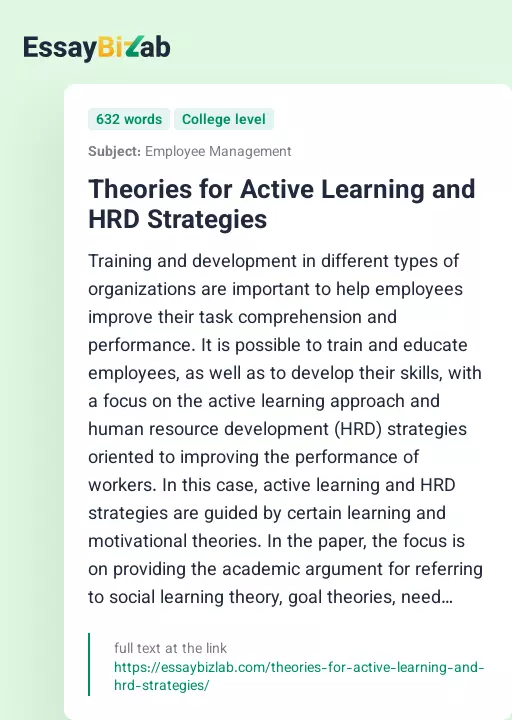 Theories for Active Learning and HRD Strategies - Essay Preview