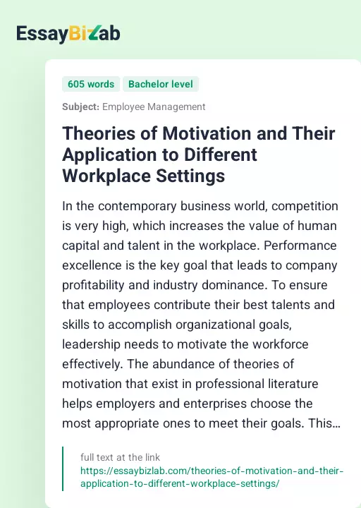 Theories of Motivation and Their Application to Different Workplace Settings - Essay Preview