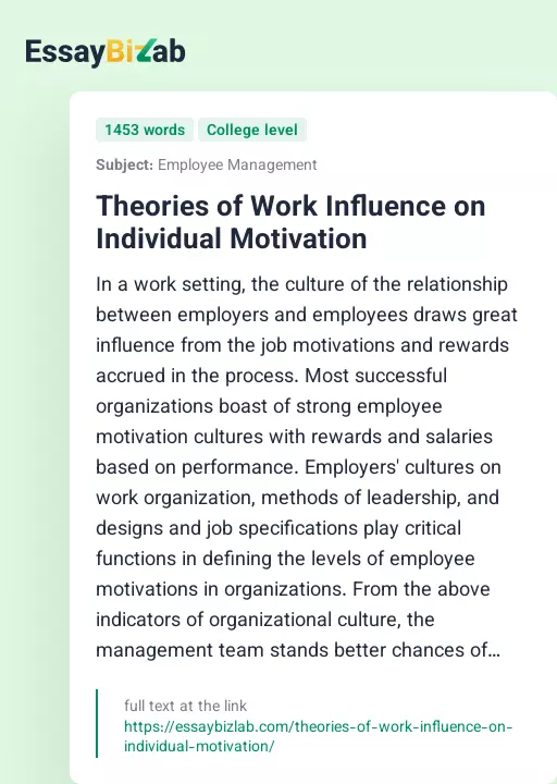 Theories of Work Influence on Individual Motivation - Essay Preview