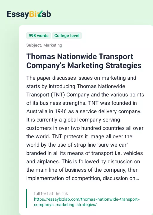 Thomas Nationwide Transport Company’s Marketing Strategies - Essay Preview