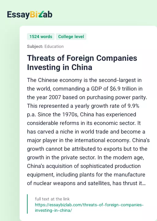 Threats of Foreign Companies Investing in China - Essay Preview