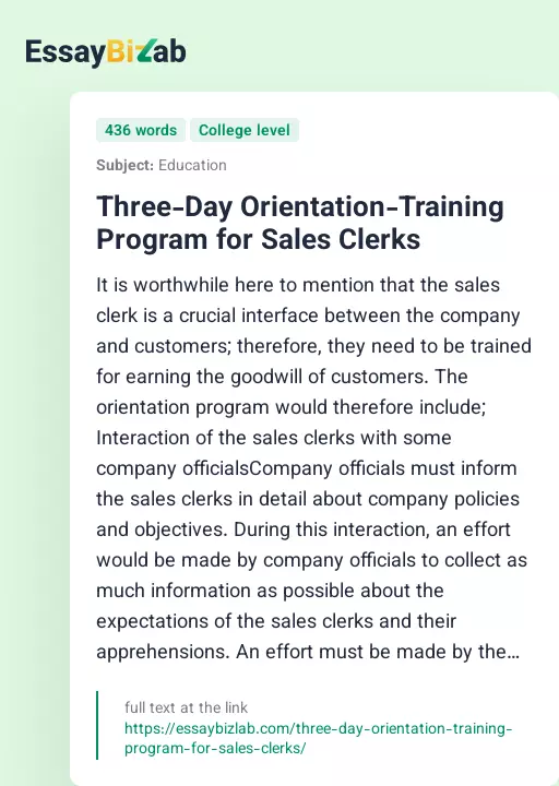 Three-Day Orientation-Training Program for Sales Clerks - Essay Preview