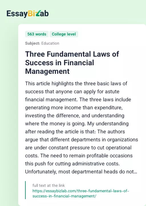 Three Fundamental Laws of Success in Financial Management - Essay Preview