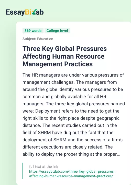 Three Key Global Pressures Affecting Human Resource Management Practices - Essay Preview