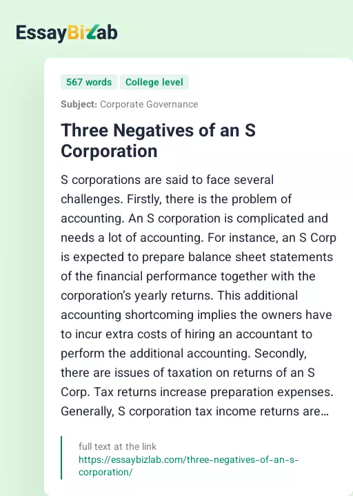 Three Negatives of an S Corporation - Essay Preview