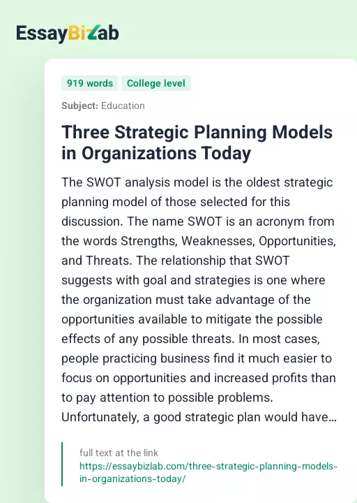 Three Strategic Planning Models in Organizations Today - Essay Preview