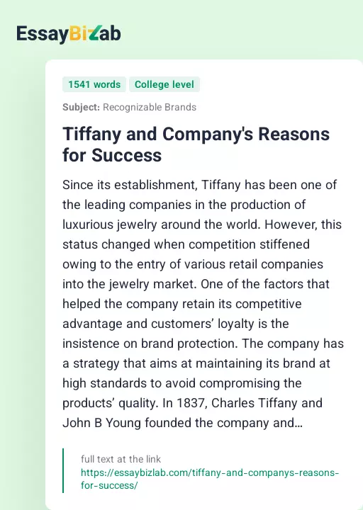 Tiffany and Company's Reasons for Success - Essay Preview