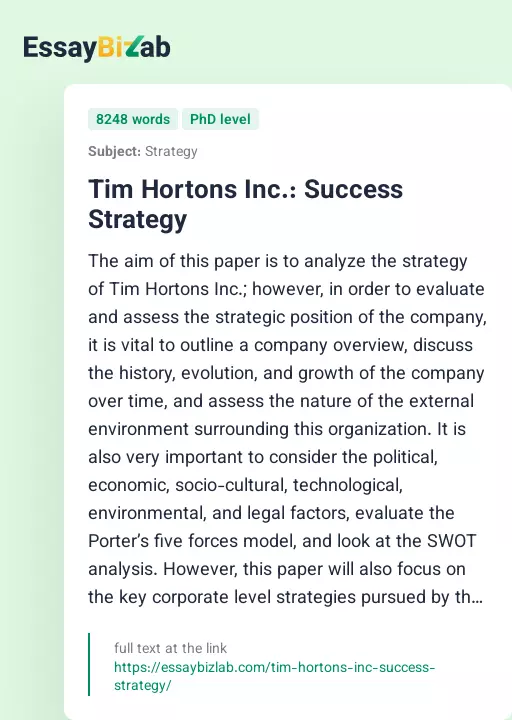 Tim Hortons Inc.: Success Strategy - Essay Preview