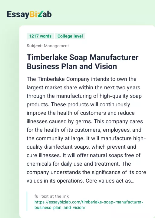 Timberlake Soap Manufacturer Business Plan and Vision - Essay Preview