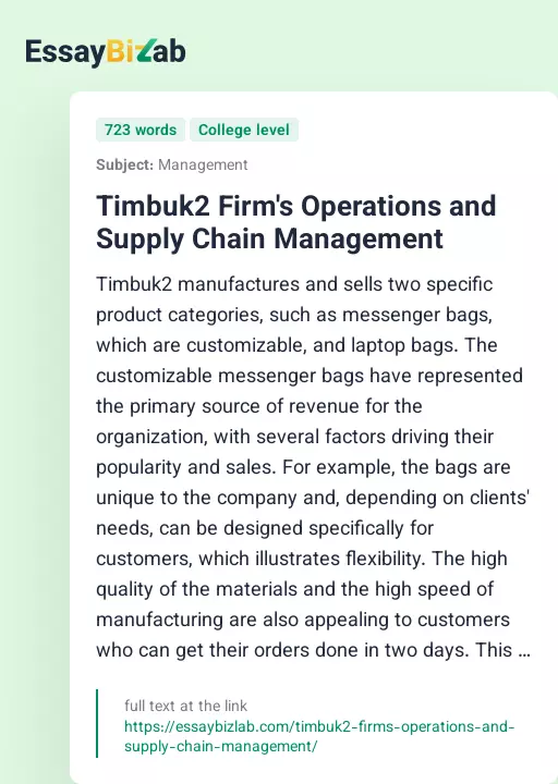 Timbuk2 Firm's Operations and Supply Chain Management - Essay Preview