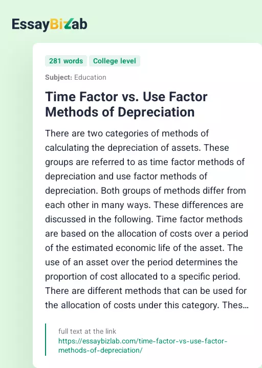 Time Factor vs. Use Factor Methods of Depreciation - Essay Preview