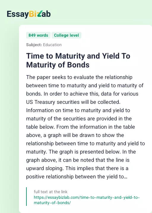 Time to Maturity and Yield To Maturity of Bonds - Essay Preview