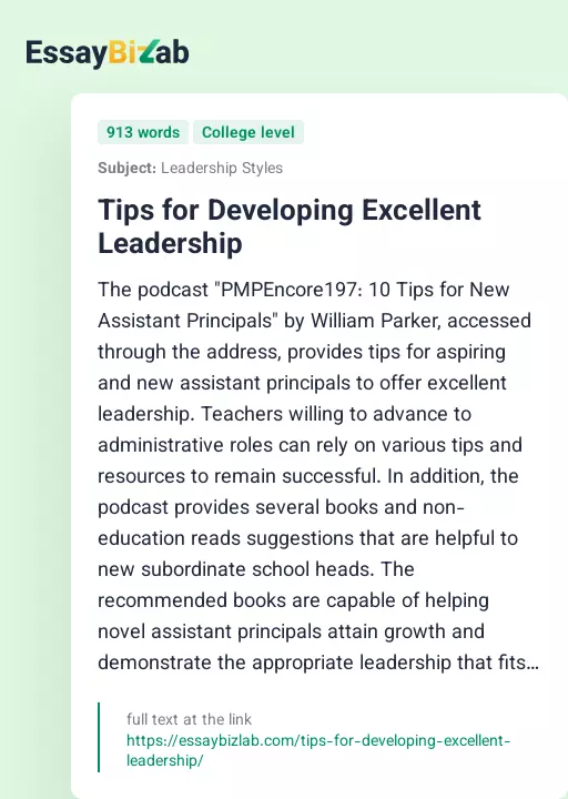 Tips for Developing Excellent Leadership - Essay Preview