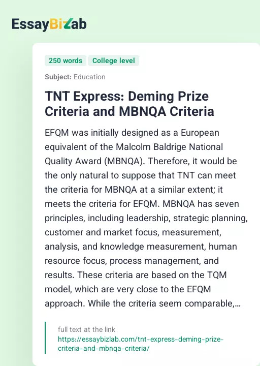TNT Express: Deming Prize Criteria and MBNQA Criteria - Essay Preview