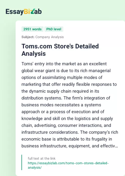 Toms.com Store's Detailed Analysis - Essay Preview