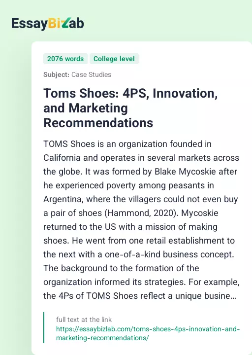 Toms Shoes: 4PS, Innovation, and Marketing Recommendations - Essay Preview