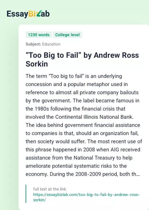“Too Big to Fail” by Andrew Ross Sorkin - Essay Preview