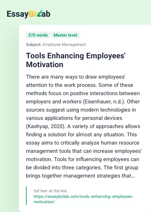 Tools Enhancing Employees' Motivation - Essay Preview